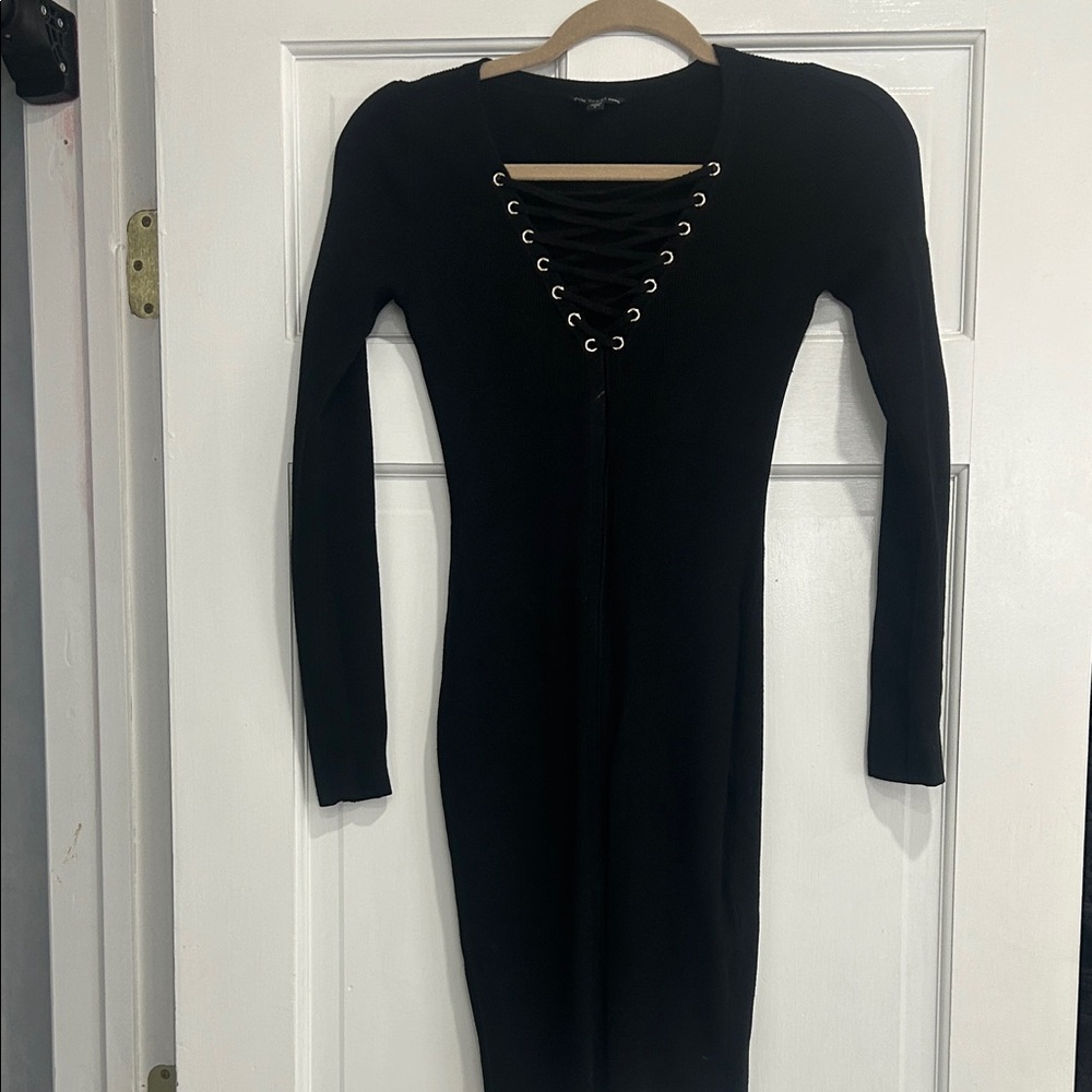 Guess Black Lace-Up Long Sleeve Bodycon Dress